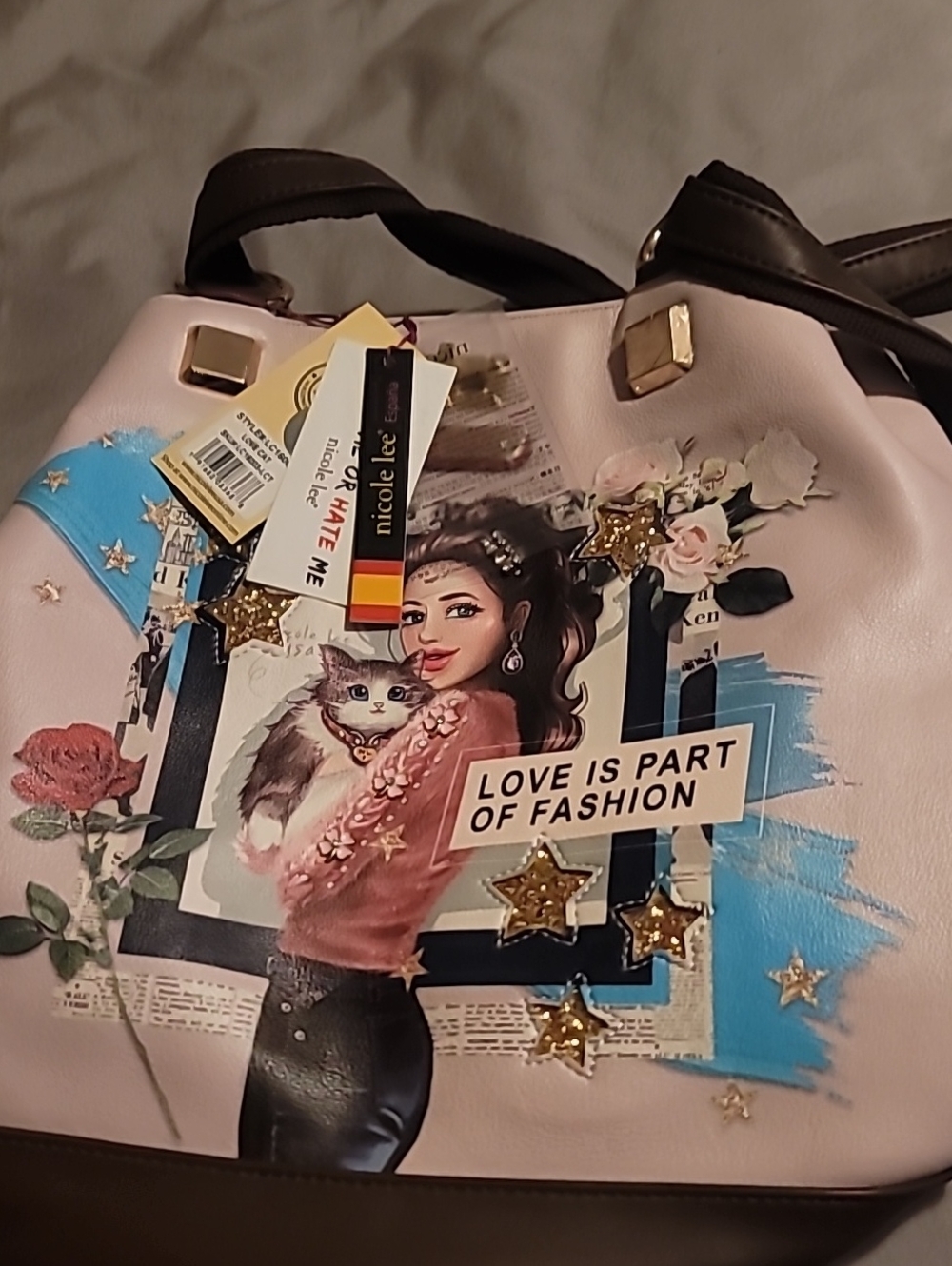 Nicole Lee Pink and Blue Graphic Tote with Gold Star Accents